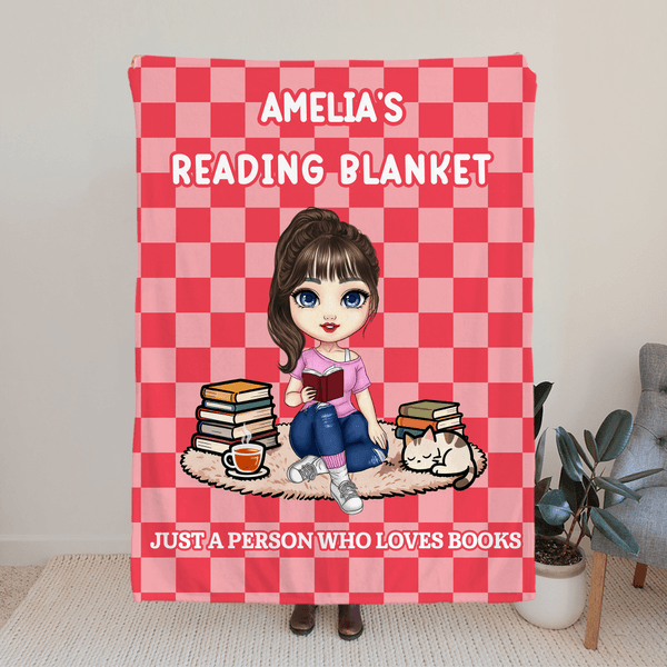 Personalized Multicolour Checkerboard Cute Cartoon Character Soft Throw Blanket with Name Birthday Christmas Reading Gift for Book Lovers Bookworms