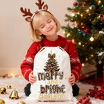 Personalised Merry and Bright Leopard Bow Christmas Tree Canvas Drawstring Gift Bag with Name Christmas Gift for Friends Family