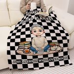 Personalised Multicolour Checkerboard Cute Cartoon Character Soft Throw Blanket with Name Birthday Christmas Reading Gift for Book Lovers Bookworms