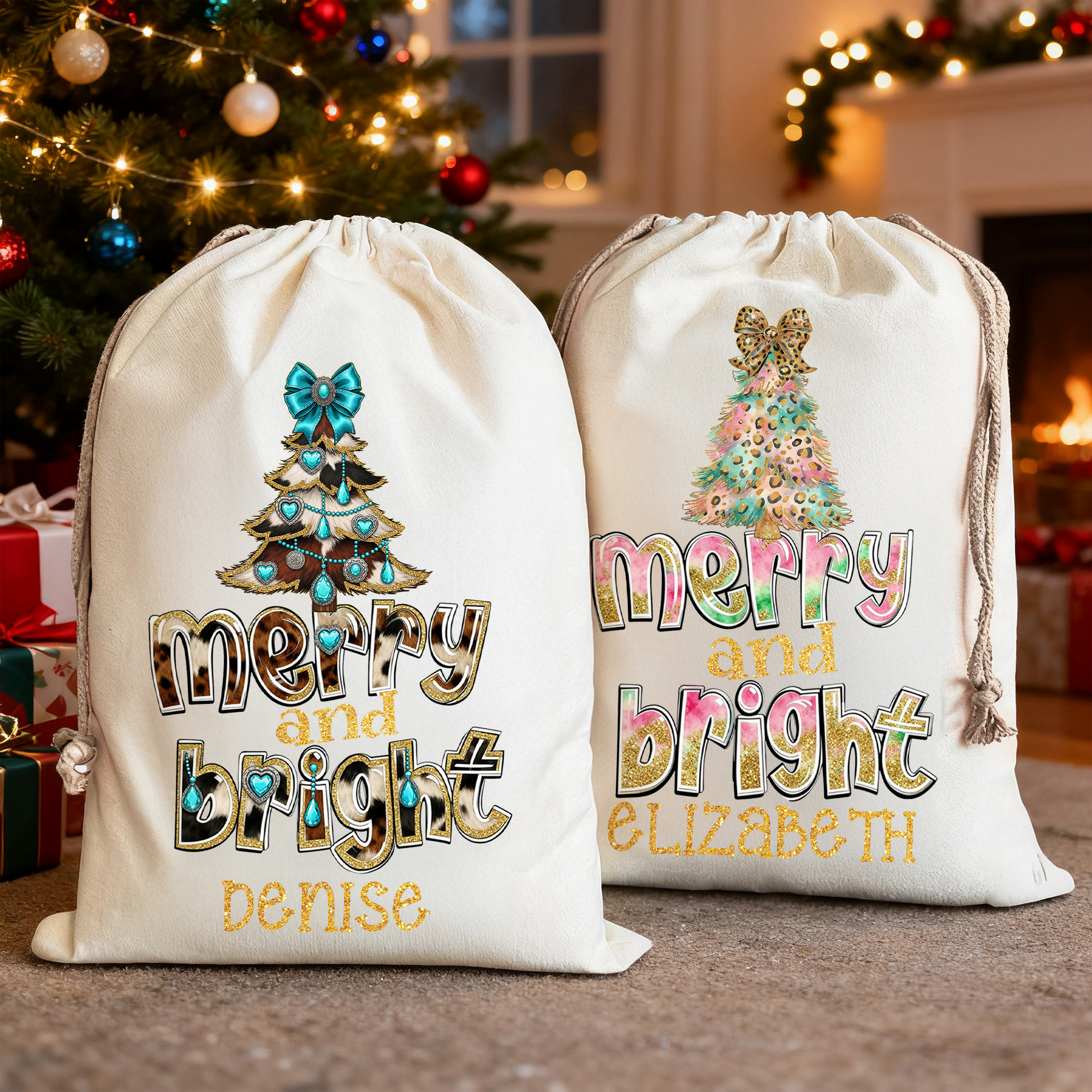 Sac de Noël à cordon en toile avec nom Cadeau de Noël pour les amis et la famille