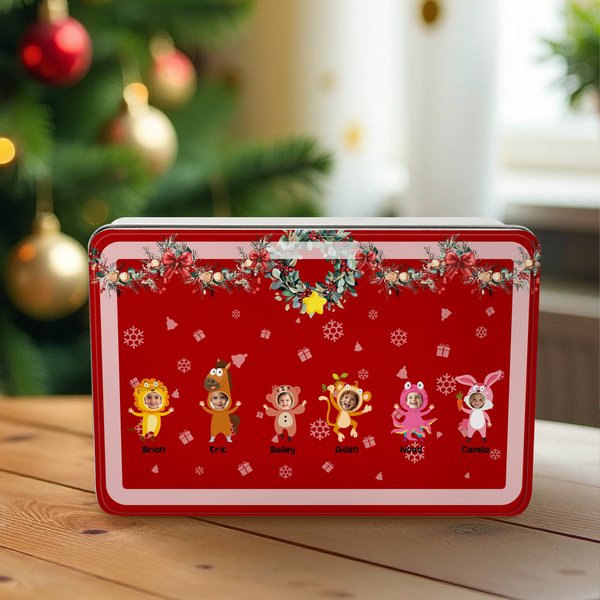 Personalized 1-6 Cartoon Horse Panda Animals Food-Grade Metal Biscuit Tin Storage Box with Photos and Names Christmas Gift for Family Kids