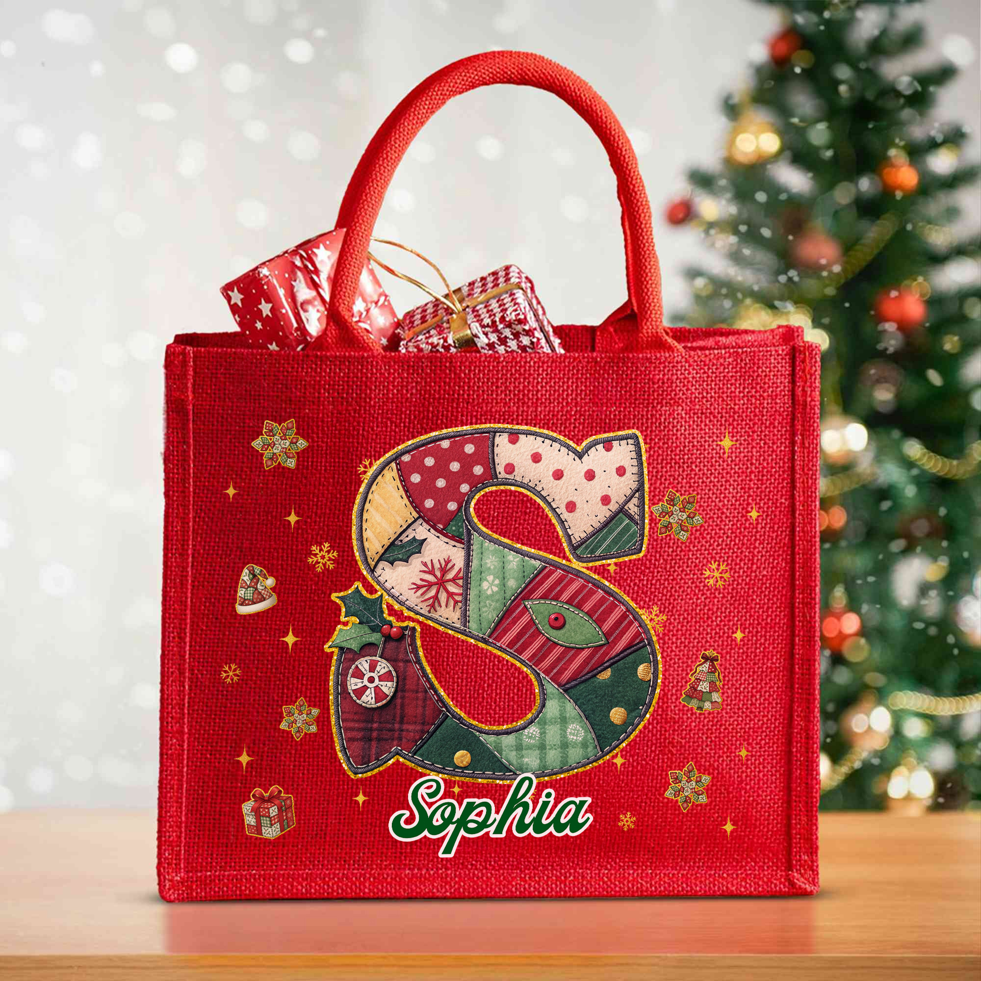 Stitching Personalized Initial Style Large Capacity Red Jute Tote Bag with Name Christmas Party Gift for Kids Women