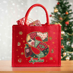 Personalised Stitching Style Initial Large Capacity Red Jute Tote Bag with Name Christmas Party Gift for Kids Women