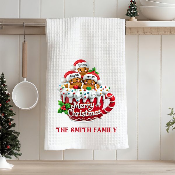 Personalized 2-20 Gingerbread Men Cocoa Mug Waffle Kitchen Towel with Name and Surname Christmas Gift for Family Friends