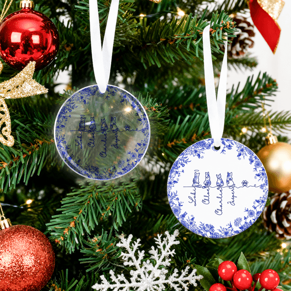 Personalized Toile De Jouy 1-7 Line Art Dogs Cats Christmas Ornament with Names Christmas Memorial Birthday Gift for Pet Owners Lovers