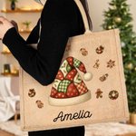 Personalised Patchwork Element Christmas Tree Santa Claus Large Jute Tote Bag with Name Christmas Gift for Family Kids