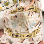 Personalized First Communion Cross Soft Throw Blanket with Text Birthday Baptism Religious Gift for Boys Girls