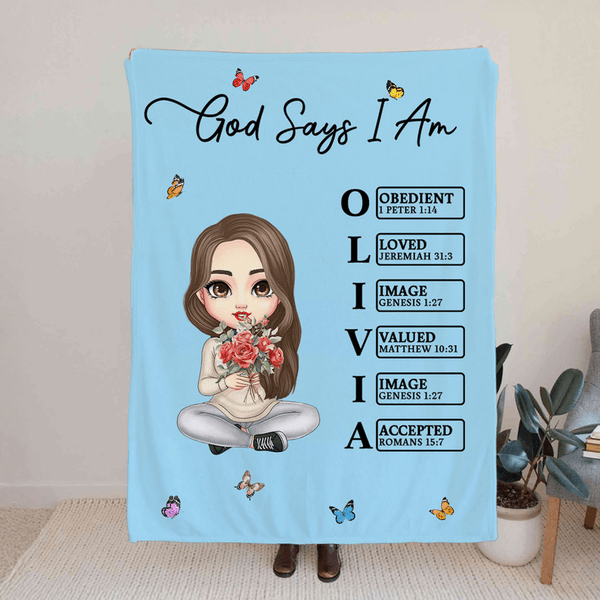 Personalized Cute Cartoon Character Birth Flower Bouquet Soft Throw Blanket with Name and Bible Verse Birthday Christmas Gift for Girls Women