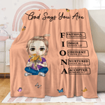 Personalized Cute Cartoon Character Birth Flower Bouquet Soft Throw Blanket with Name and Bible Verse Birthday Christmas Gift for Girls Women