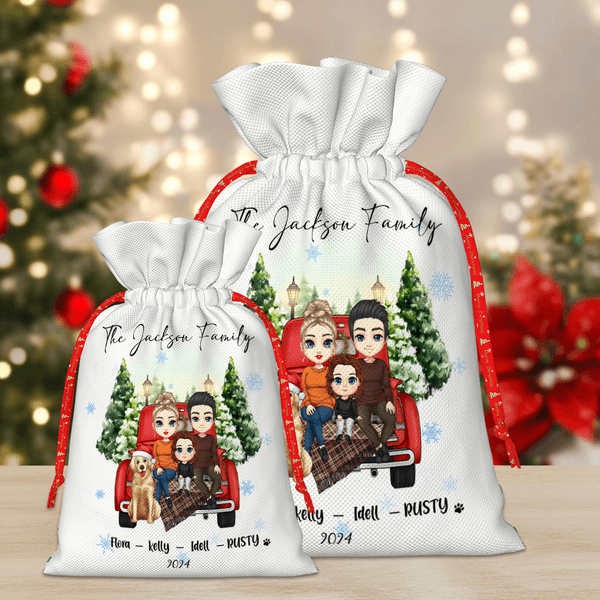 Personalised Family Dog Cartoon Character Drawstring Gift Bag with Title Name and Year Christmas Eve Party Favors for Family