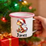 Tasse en émail personnalisée avec nom, anniversaire et cadeau de Noël pour les enfants qui aiment les dinosaures.