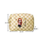 Personalisierte Schachbrettmuster Cartoon-Figur Kosmetiktasche aus PU-Leder mit Geburtslume Namen Reisezubehör Geburtstag Geschenk für Damen Mädchen