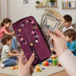 Personalized Retro Pattern Birth Flower Waterproof PU Leather Wallet with 1-12 Names and Zipper Anniversary Birthday Gift for Mom Grandma