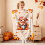 Personalized Highland Cow Pumpkin Cozy Throw Blanket with Name Home Decor Autumn Thanksgiving Birthday Gift for Highland Cow Lovers