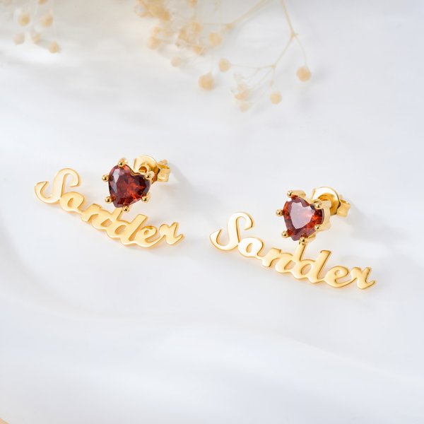 Personalized Heart-Shaped Birthstone Earrings with Name Birthday Anniversary Gift for Women