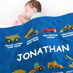 Personalized Work Vehicles Construction Trucks Kids Blanket with Name for Boys Girls Truck Lover Couch Sofa Bed Decor