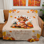 Personalized Highland Cow Pumpkin Cozy Throw Blanket with Name Home Decor Autumn Thanksgiving Birthday Gift for Highland Cow Lovers