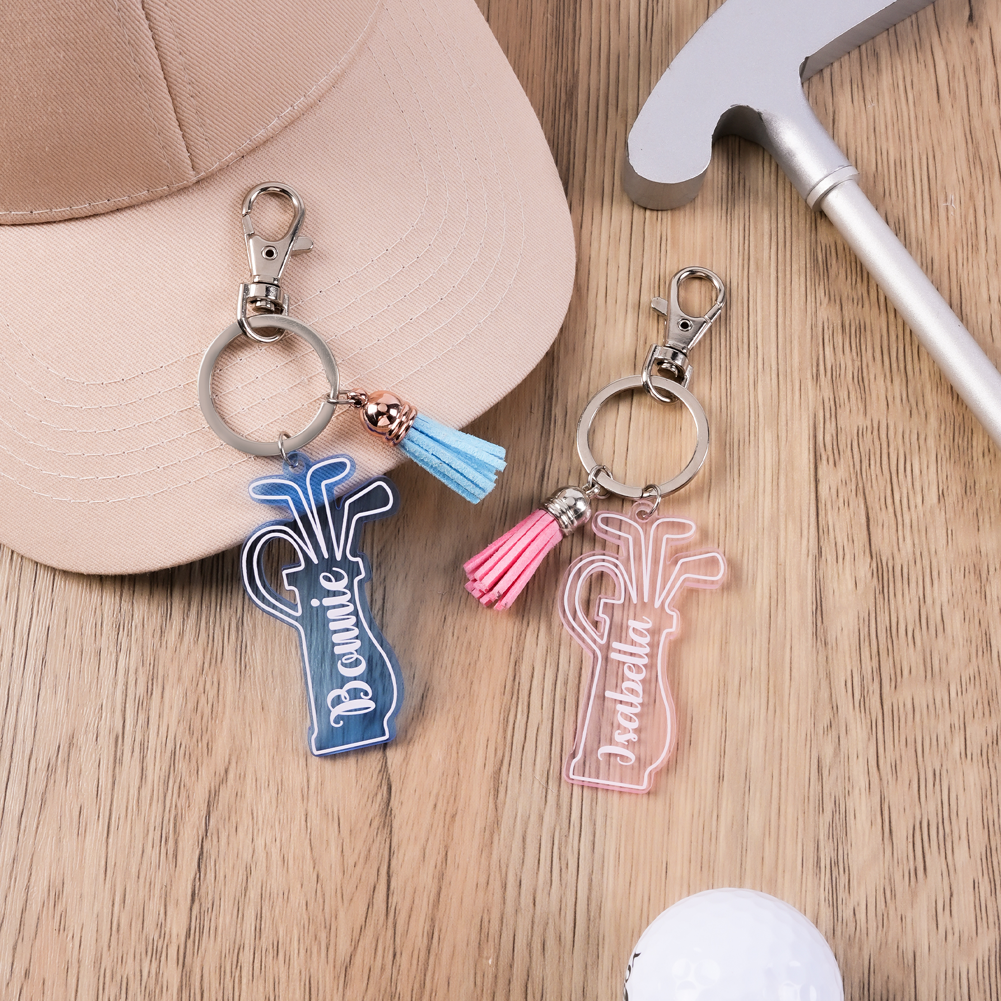 Porte-clés de golf personnalisé en acrylique avec nom et pompon Étiquette de sac Fin de saison Noël Anniversaire Cadeau pour les amateurs de golf Joueurs