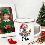 Tasse en émail personnalisée avec nom, anniversaire et cadeau de Noël pour les enfants qui aiment les dinosaures.