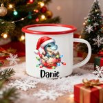 Tasse en émail personnalisée avec nom, anniversaire et cadeau de Noël pour les enfants qui aiment les dinosaures.