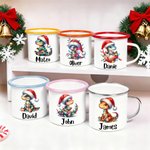 Tasse en émail personnalisée avec nom, anniversaire et cadeau de Noël pour les enfants qui aiment les dinosaures.