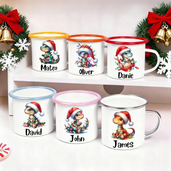 Tasse en émail personnalisée avec nom, anniversaire et cadeau de Noël pour les enfants qui aiment les dinosaures.