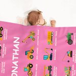Personalized Work Vehicles Construction Trucks Kids Blanket with Name for Boys Girls Truck Lover Couch Sofa Bed Decor