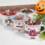 Personalisierte Süße Emaille Tasse 355 ml mit Gespenst-Waschbär-Kürbis Namen und Text Süßigkeiten Sammeln Halloween Party Geschenk für Jungen Mädchen
