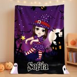 Manta personalizada con diseño de personajes de dibujos animados de Halloween y nombre regalo de fiesta de Halloween para niños y niñas