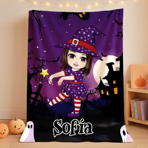 Manta personalizada con diseño de personajes de dibujos animados de Halloween y nombre regalo de fiesta de Halloween para niños y niñas