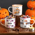 Personalisierte Süße Emaille Tasse 355 ml mit Gespenst-Waschbär-Kürbis Namen und Text Süßigkeiten Sammeln Halloween Party Geschenk für Jungen Mädchen