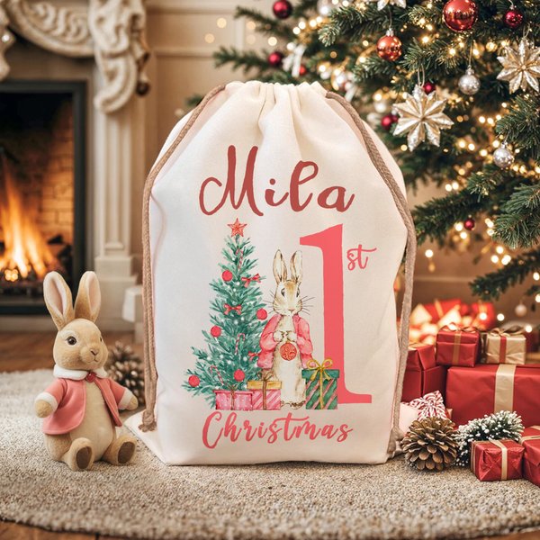 Personalized First Christmas Santa Claus Peter Rabbit Drawstring Canvas Gift Bag with Name Christmas Gift for Baby Family