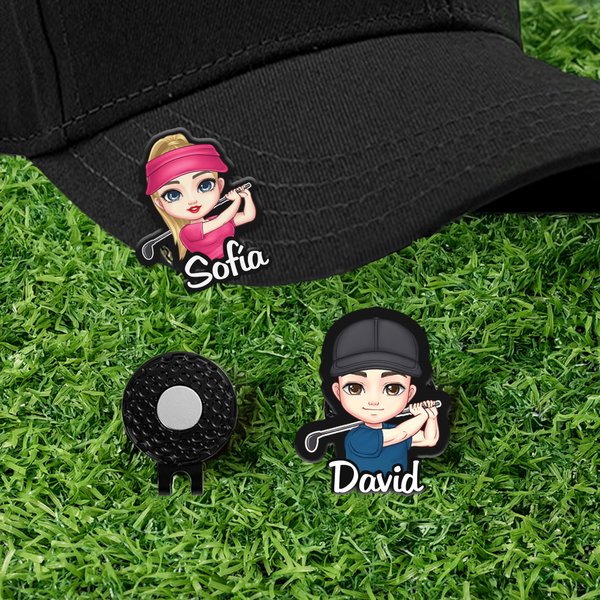 Clip magnético para gorra personalizado con tema de golf personaje de dibujos animados y nombre regalo de cumpleaños para jugadores de golf