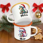 Tasse en émail personnalisée avec nom, anniversaire et cadeau de Noël pour les enfants qui aiment les dinosaures.