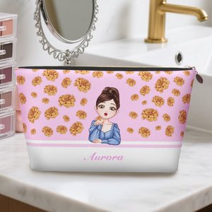 Borsa da trucco portatile personalizzata con nome fiore di nascita e ragazza in stile cartone animato regalo di compleanno e anniversario per donne