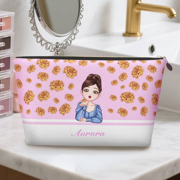 Borsa da trucco portatile personalizzata con nome fiore di nascita e ragazza in stile cartone animato regalo di compleanno e anniversario per donne