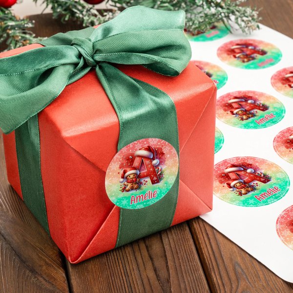Autocollants Étanches Multicolores Personnalisés avec Nom et Initiale Motif Renne et Père Noël Mignons Cadeaux Noël pour Enfants et Famille