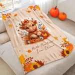 Personalized Highland Cow Pumpkin Cozy Throw Blanket with Name Home Decor Autumn Thanksgiving Birthday Gift for Highland Cow Lovers