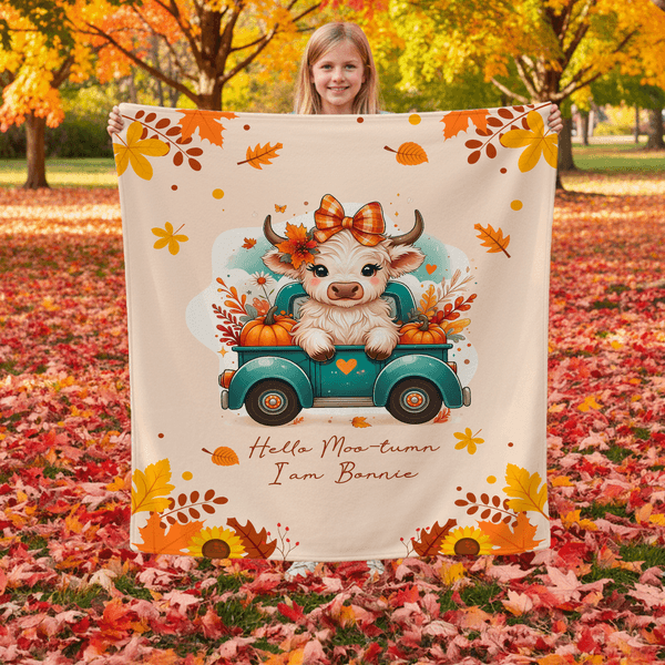 Personalised Highland Cow Pumpkin Cozy Throw Blanket with Name Home Decor Autumn Thanksgiving Birthday Gift for Highland Cow Lovers