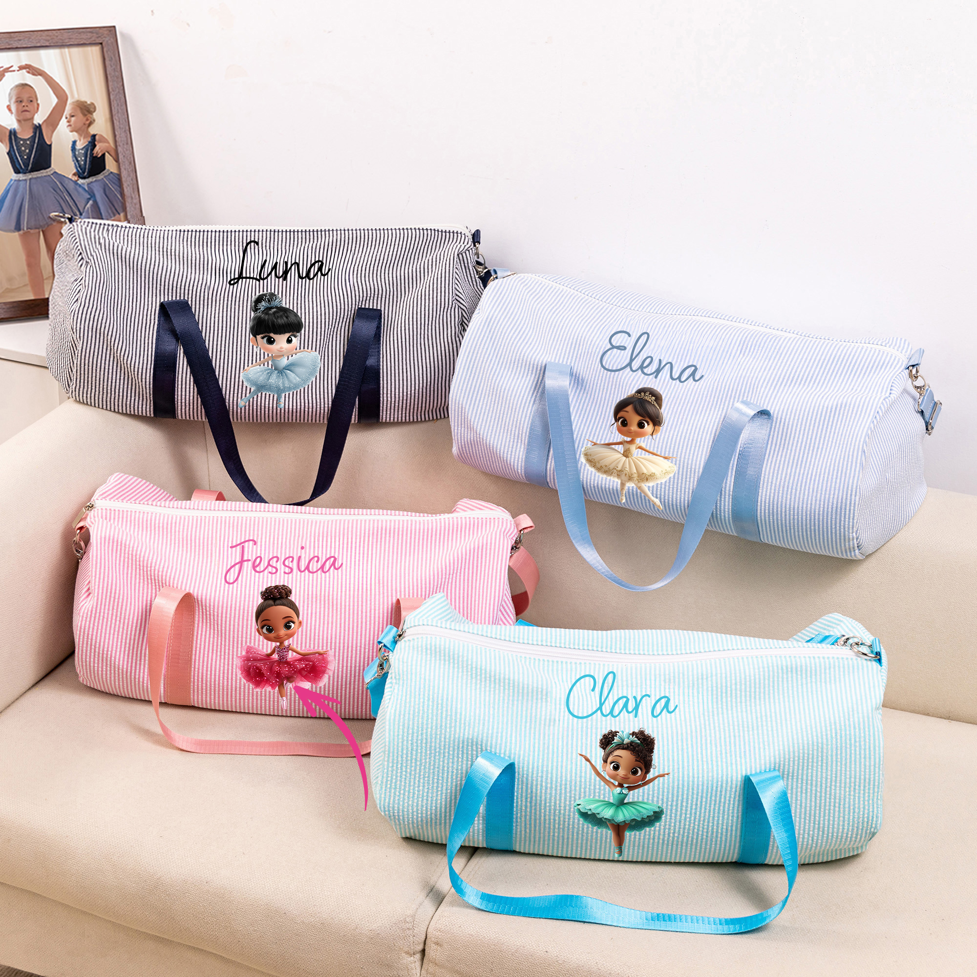 Borsa da danza a righe personalizzata con nome e tracolla a tema danza classica regalo di compleanno per ragazze e amanti della danza - CALLIE
