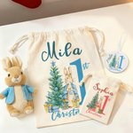 Personalized First Christmas Santa Claus Peter Rabbit Drawstring Canvas Gift Bag with Name Christmas Gift for Baby Family