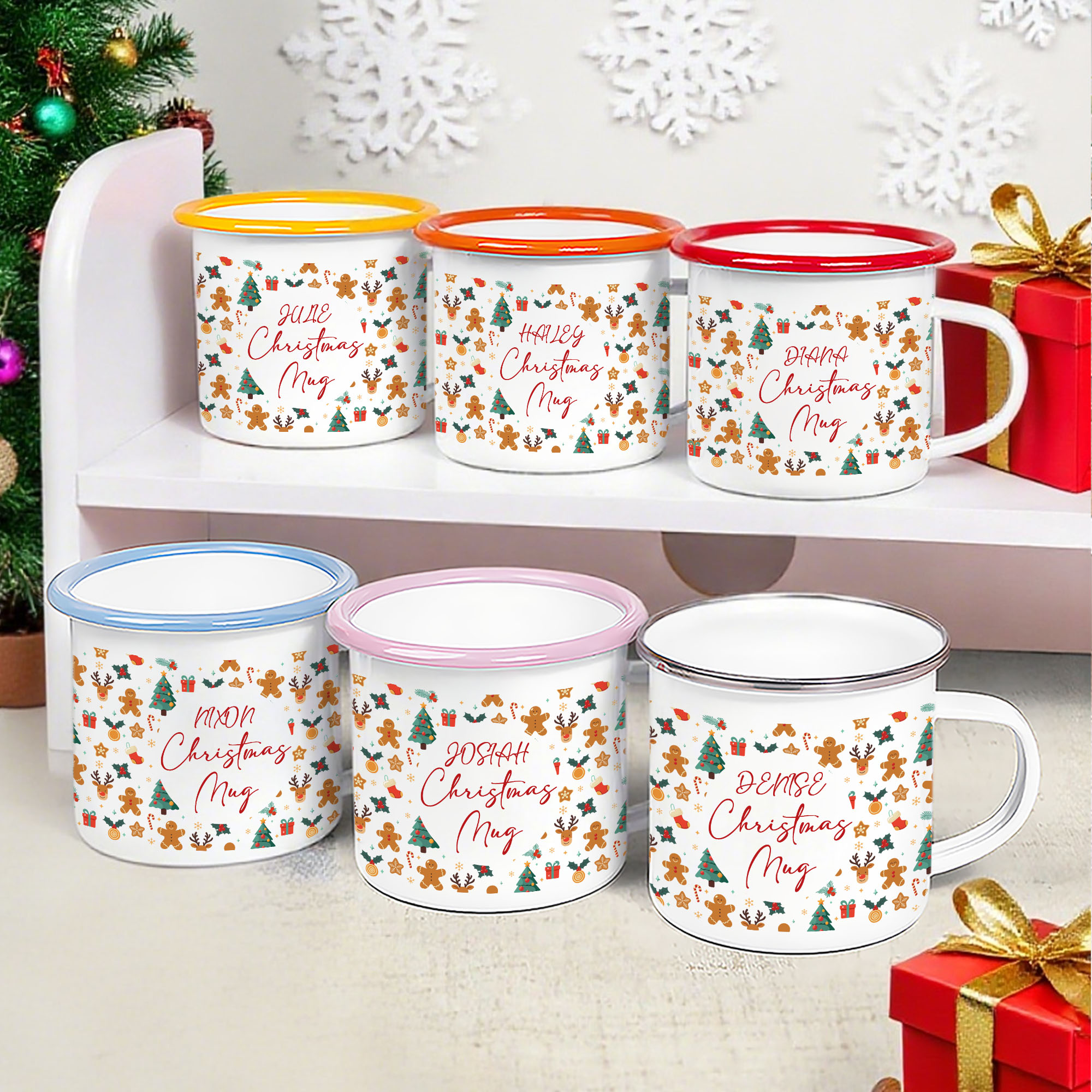 Tasse en émail à bord multicolore avec nom - Homme en pain d'épice - Arbre de Noël - Renne - 12 oz - Cadeau de Noël pour enfants