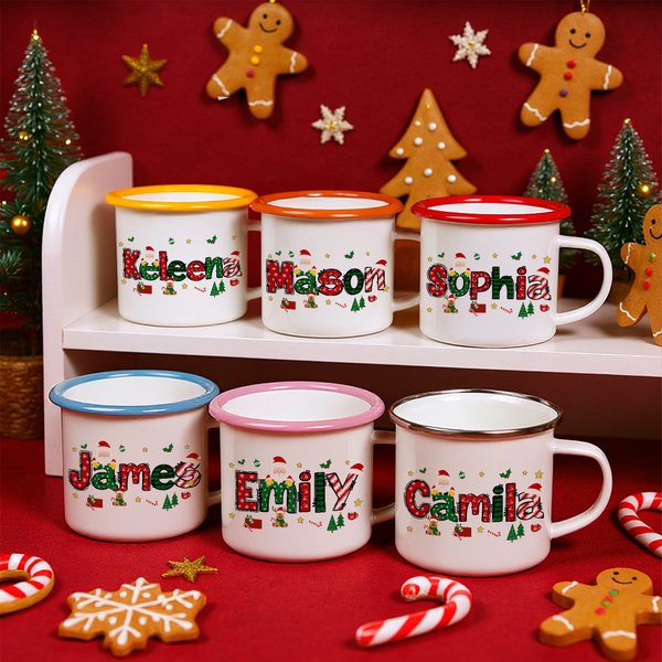 Personalized Santa Claus Elk 12 oz Enamel Mug with Name Home Decoration Christmas Gift for Boys Girls