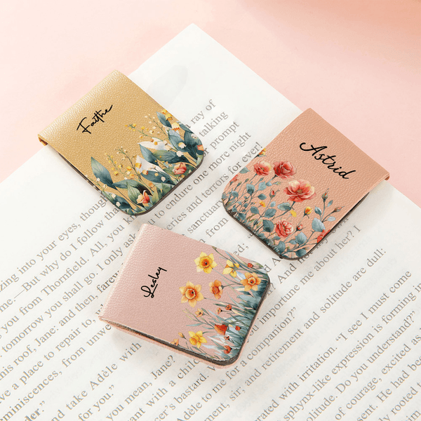 Personalized Watercolor Birth Flower Magnetic PU Leather Bookmark Clip with Name Birthday Christmas Gift for Book Lover Bookworm