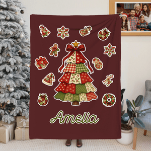 Personalised Colorful Patchwork Element Christmas Tree Santa Claus Soft Throw Blanket with Name Home Decor Christmas Gift for Family Friends