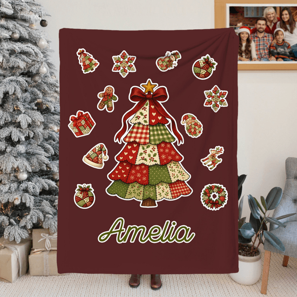 Personalized Colorful Patchwork Element Christmas Tree Santa Claus Soft Throw Blanket with Name Home Decor Christmas Gift for Family Friends