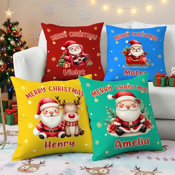 Personalizzato carino Santa Throw Pillow Cover con nome Home Decor regalo di Natale per la famiglia bambini