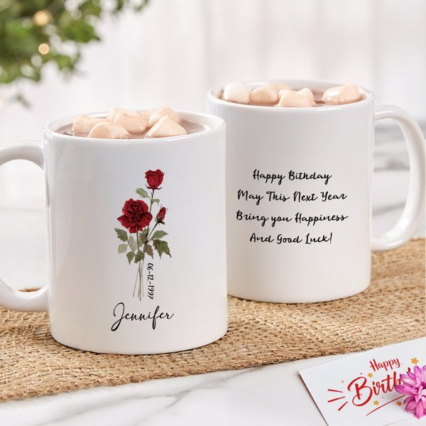 Gepersonaliseerde Geboorte Bloem 11 oz 15 oz Keramische Koffiemok met Naam Datum en Tekst Verjaardag Verjaardag Cadeau voor Familie Vrienden