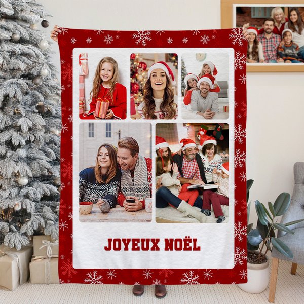 Couverture Polaire ou Sherpa Personnalisée avec Texte et 3-9 Photos de Style Collage Décroation de Chambre Cadeau Noël Fête pour Famille Amis