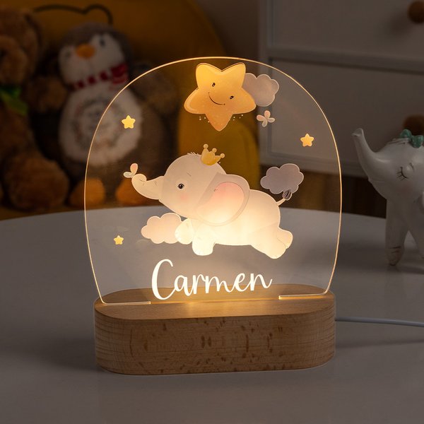 Luz nocturna LED personalizada con nombre y diseño de animales con base de madera decoración para el hogar regalo de cumpleaños para niños y niñas